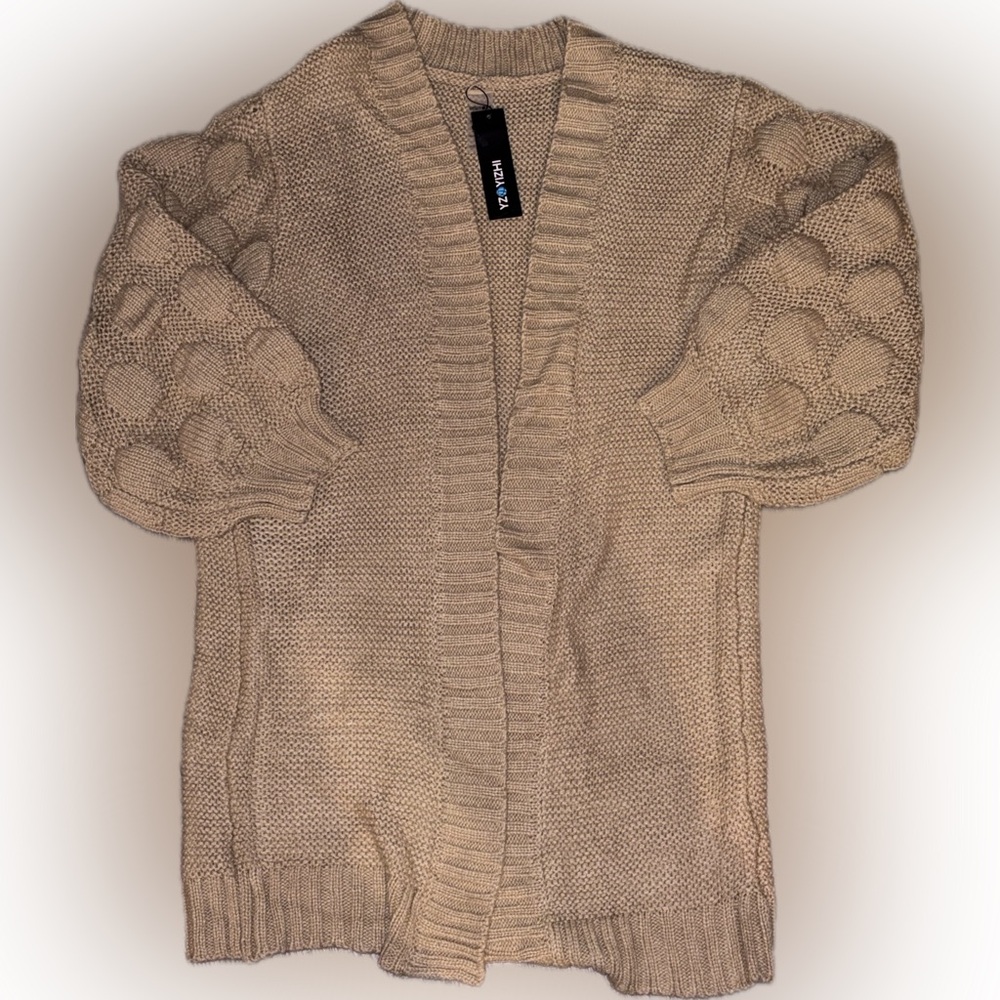 NWT Chunky Bubble-Sleeve Open Cardigan in Neutral Beige